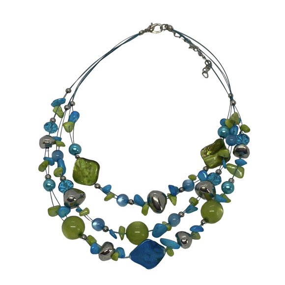 Multicolored Turquoise Stones Green Beads Three Strand Necklace Handcrafted - Picture 6 of 15